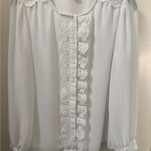 CeCe Creamy Lace Trim Blouse with Sheer Sleeves